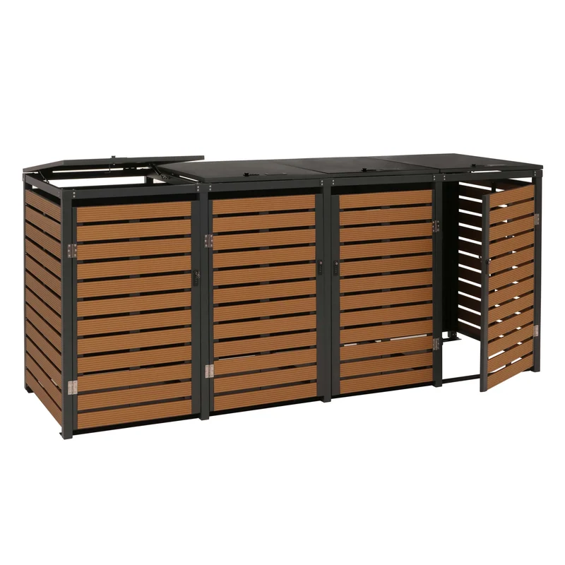 Cache poubelles 4 bacs avec couvercle abri extérieur verrouillable 80 à 240L 119x264x84 cmen WPC effet bois teck structure acier galvanisé 04_0010056