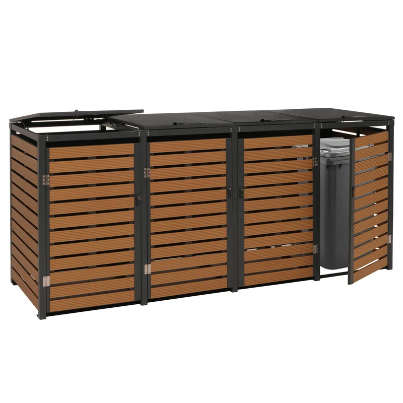 Cache poubelles 4 bacs avec couvercle abri extérieur verrouillable 80 à 240L 119x264x84 cmen WPC effet bois teck structure acier galvanisé 04_0010056