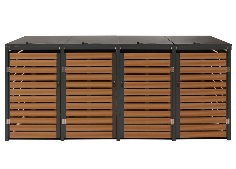 Cache poubelles 4 bacs avec couvercle abri extérieur verrouillable 80 à 240L 119x264x84 cmen WPC effet bois teck structure acier galvanisé 04_0010056