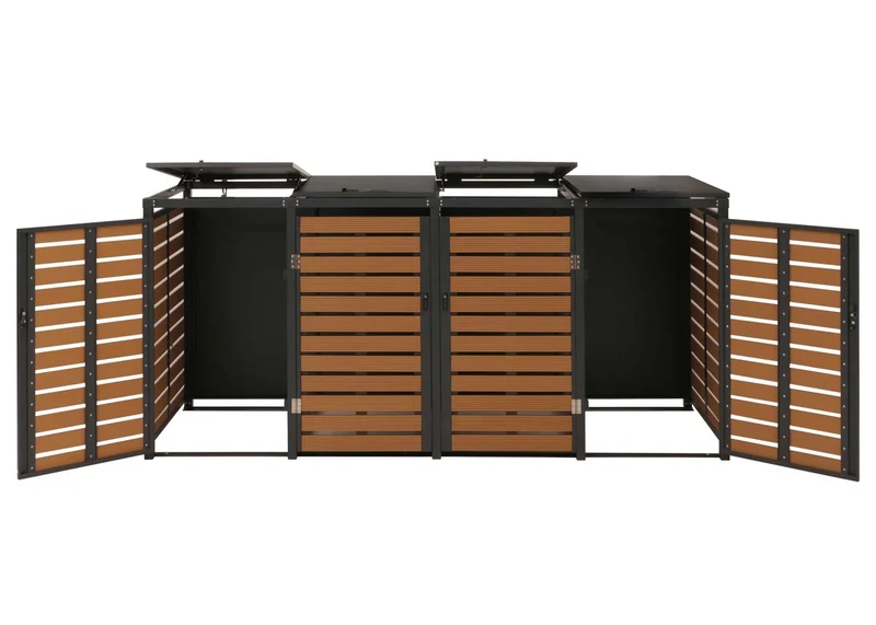 Cache poubelles 4 bacs avec couvercle abri extérieur verrouillable 80 à 240L 119x264x84 cmen WPC effet bois teck structure acier galvanisé 04_0010056