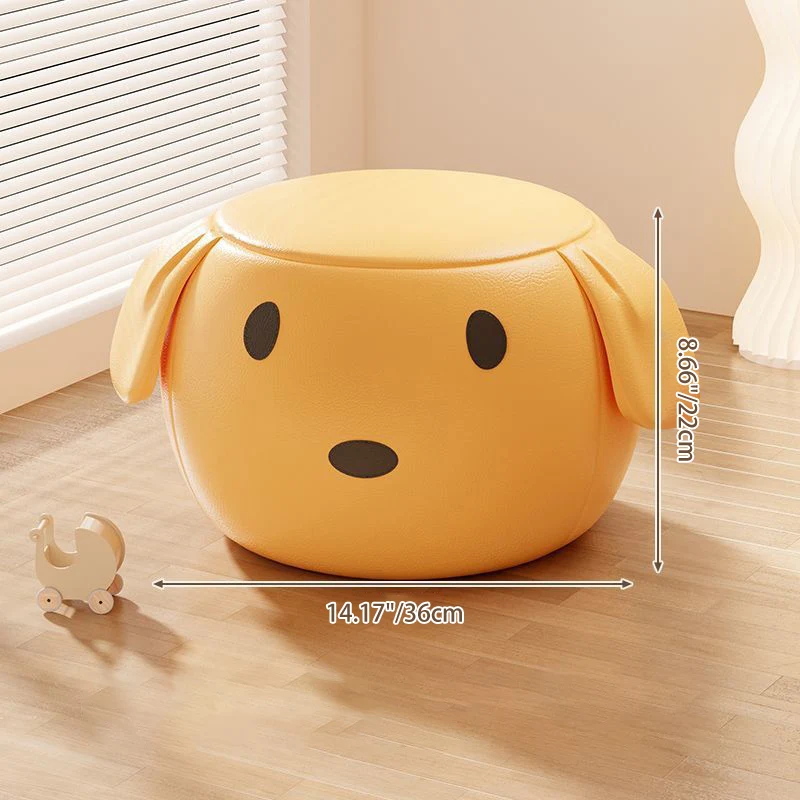 Contemporary Creative Oil Wax Leather Solid Wood Stainless Steel Dog-Shaped Round Movable Low Stool For Living Room