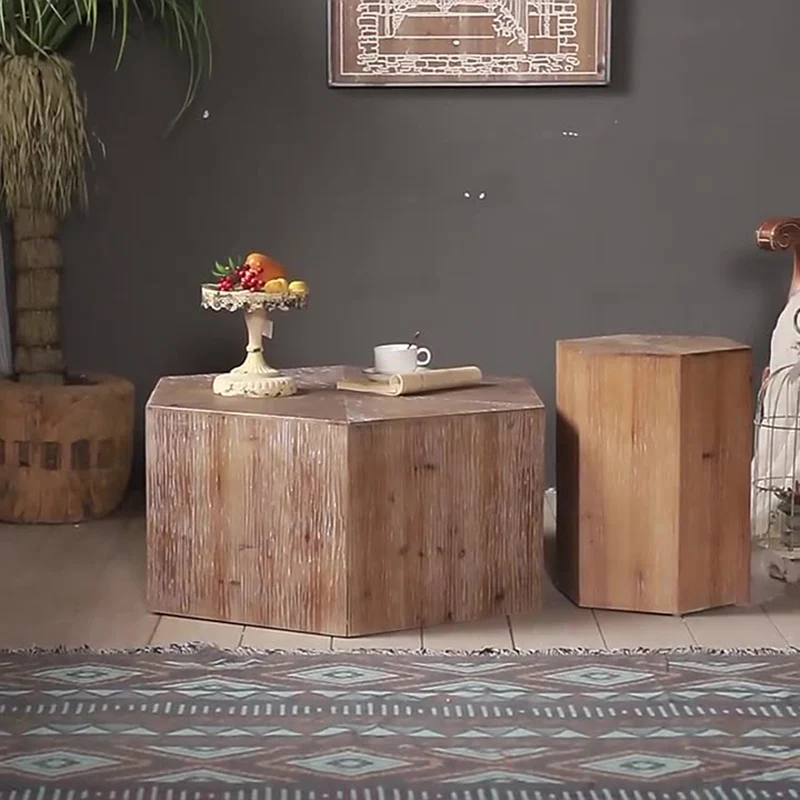 Traditional Vintage Hexagonal Cedar Wood End Table With Non-Slip Feet Medium Density Fiberboard Base For Living Room