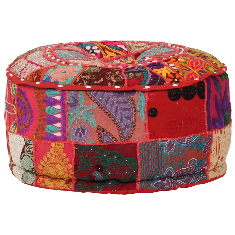 Pouf tabouret repose-pied rond en coton rouge fait à la main design au patchwork 40 x 20 cm DEC030019