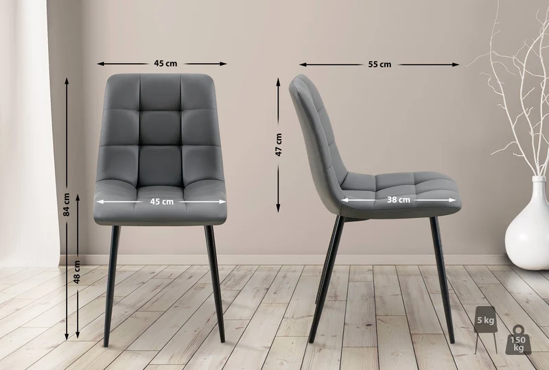 Lot de 4 chaises de salle à manger coutures forme carrées en PVC gris foncé pieds en métal noir 10_0007749