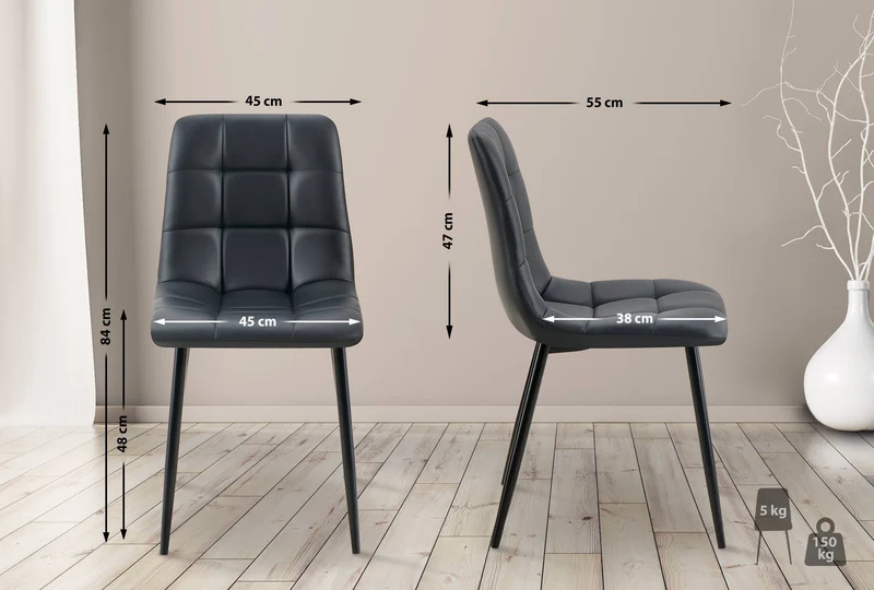 Lot de 4 chaises de salle à manger coutures forme carrées en PVC noir pieds en métal noir 10_0007596