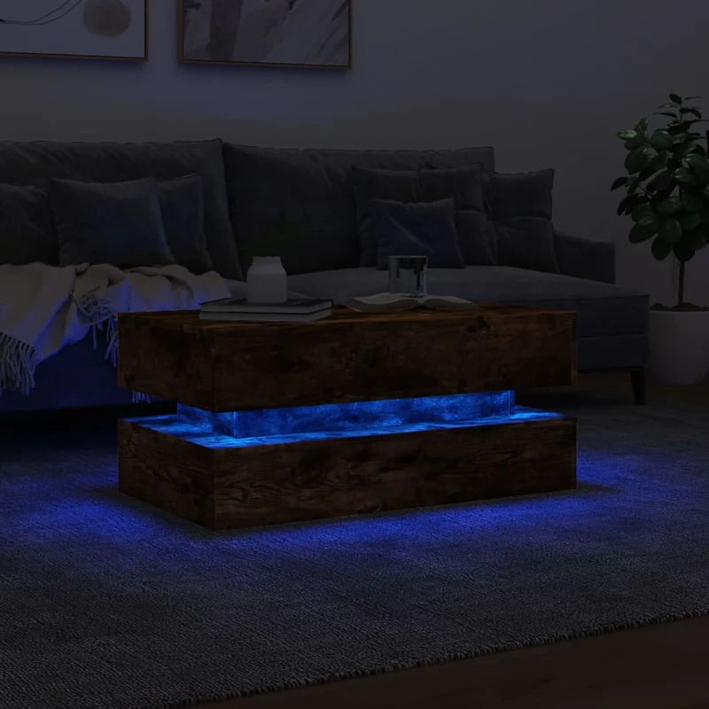 Table basse de salon design moderne avec lumières LED 90 x 50 x 40 cm bois d'ingénierie marron DEC037624
