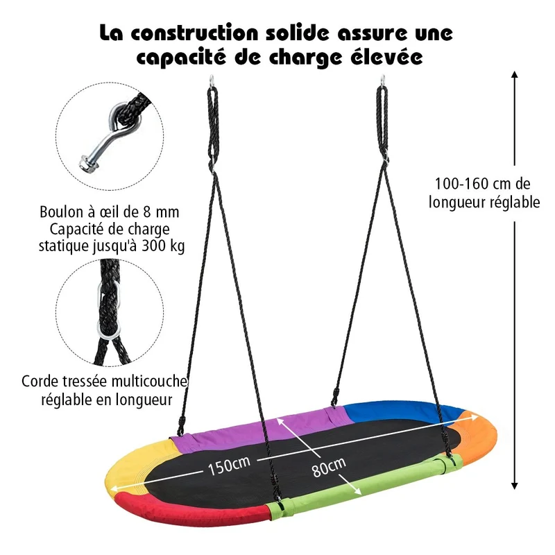 Balançoire nid d'oiseau ovale 150 cm à suspendre hauteur réglable 100-160cm corde multi-plis charge 150kg multicolor 20_0000180