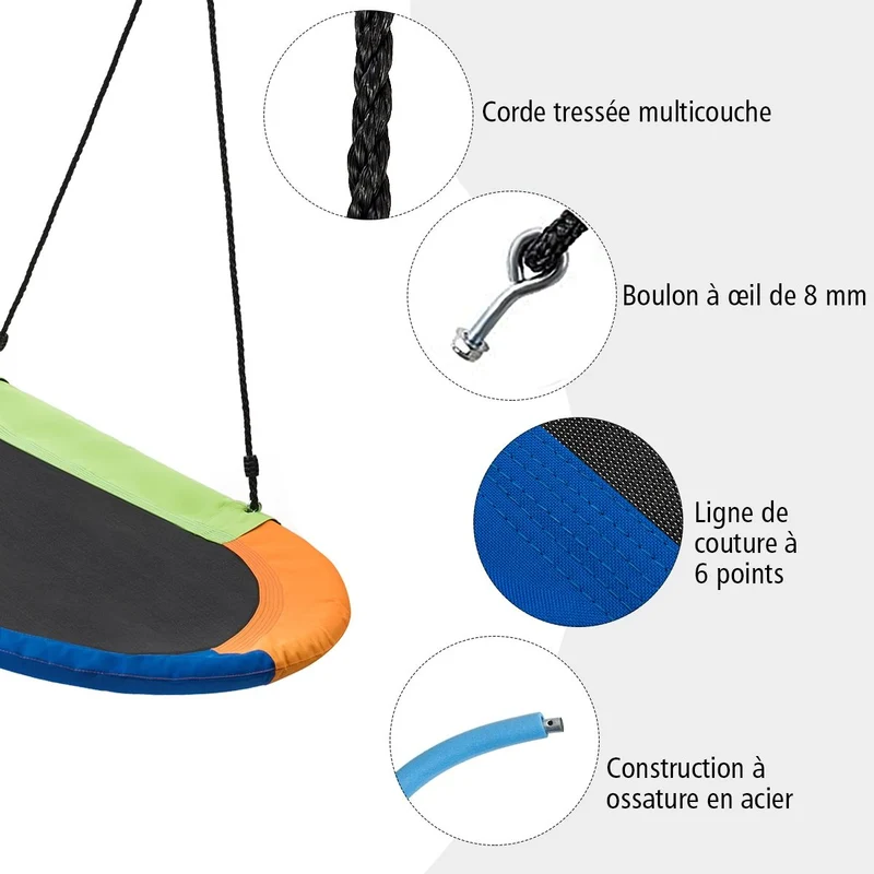 Balançoire nid d'oiseau ovale 150 cm à suspendre hauteur réglable 100-160cm corde multi-plis charge 150kg multicolor 20_0000180