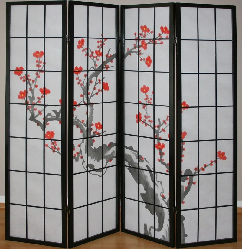Paravent 4 panneaux japonais en bois noir 176x175cm PAR06014