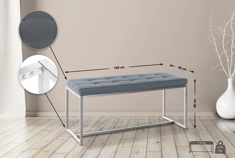 Banc banquette en PVC gris capitonné assise rembourrée et acier inoxydable 100 cm 10_0005504