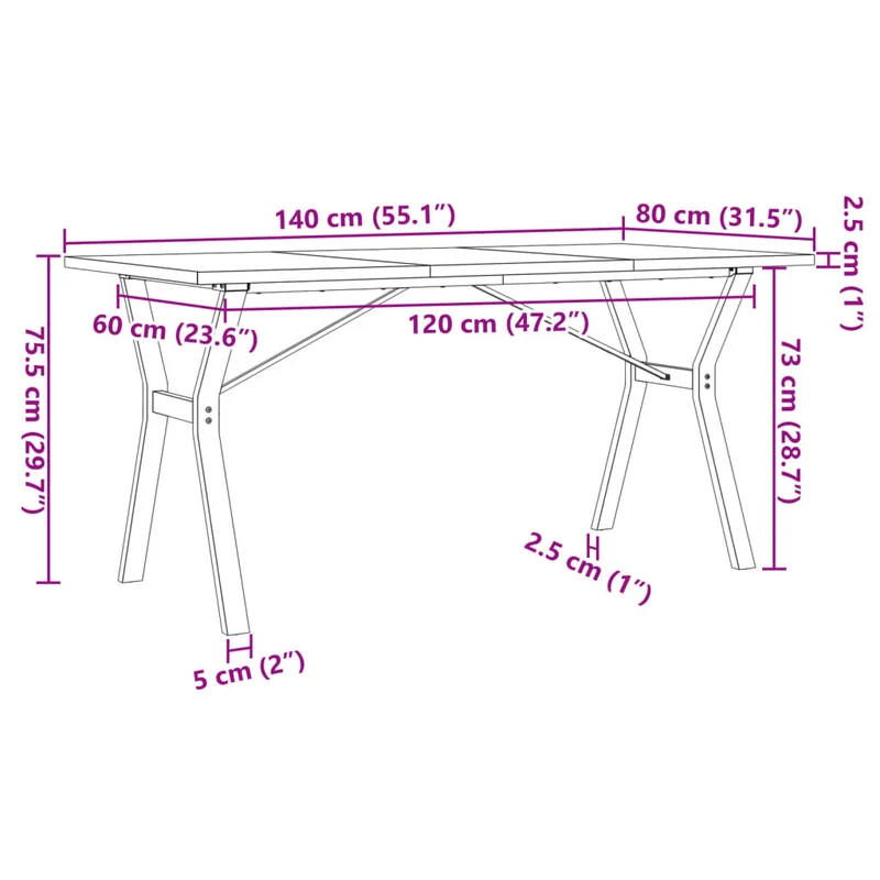 Table de salle à manger design industriel 140 x 80 x 75,5 cm bois pin massif et acier DEC036825