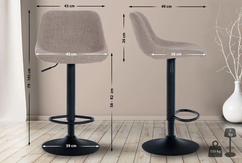 Tabouret de bar x1 rotation à 360°en tissu taupe pieds en trompette métal noir 10_0006077