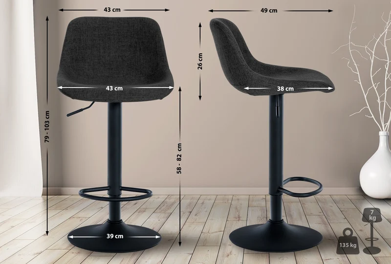 Tabouret de bar x1 rotation à 360°en tissu noir pieds en trompette métal noir 10_0005941