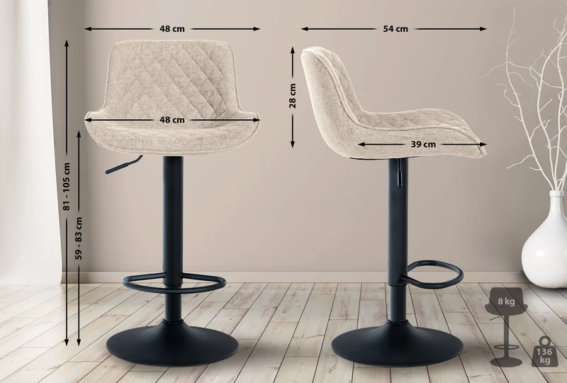 Lot de 2 tabourets de bar réglable et pivotant assise en tissu taupe pieds métal noir TDB10609