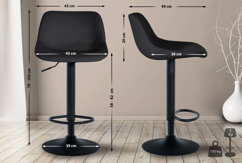 Lot de 2 tabourets de bar rotation à 360°en velours noir pieds en trompette métal noir 10_0006631