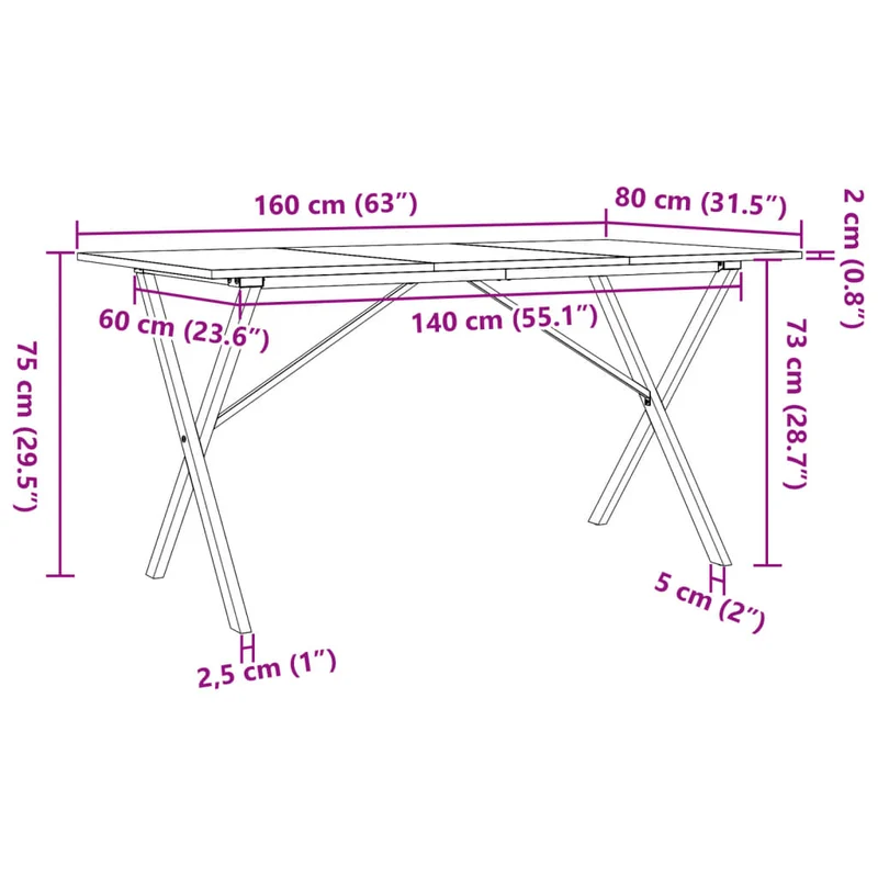 Table de salle à manger design industriel cadre en X 160 x 80 x 75 cm bois de pin massif et acier DEC036804