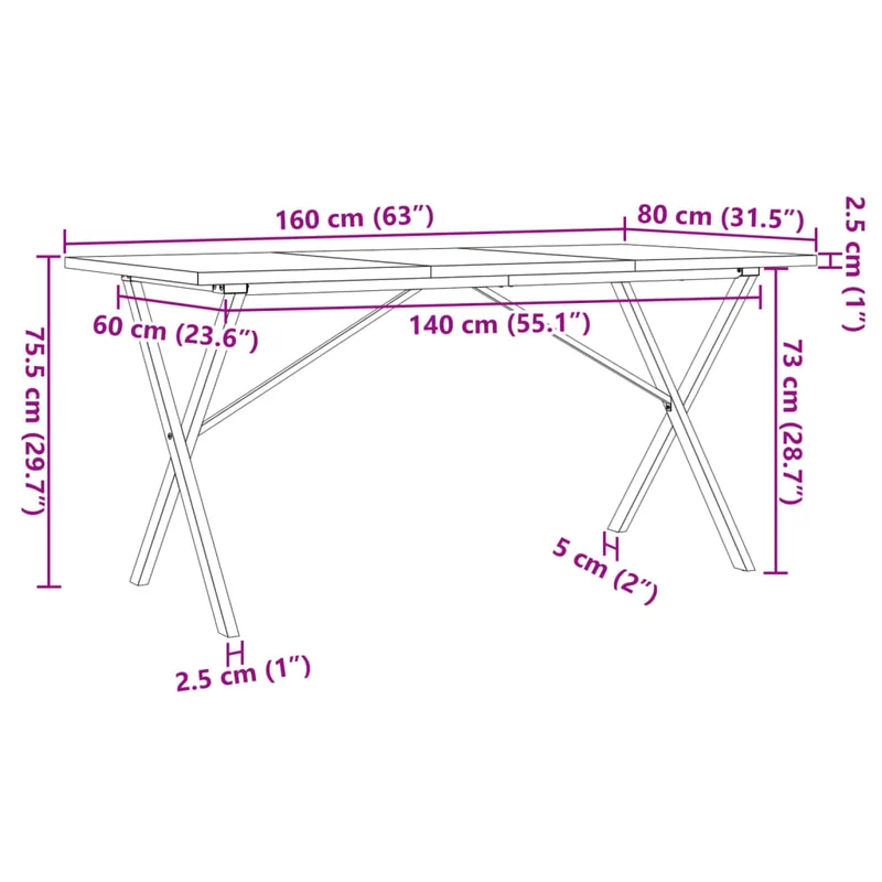 Table de salle à manger design industriel cadre en X 160 x 80 x 75,5 cm bois pin massif et acier DEC036805