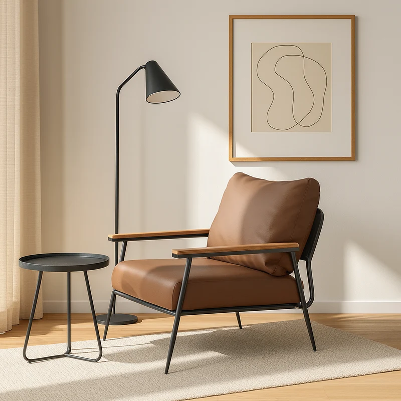 Contemporary Industrial Rectangular Carbon Steel Faux Nappa Leather Sponge Latex PP Cotton Accent Chair Backrest Armrest For Living Room