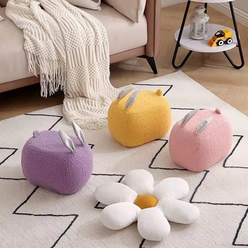 Contemporary Creative Rabbit-Shaped Teddy Fleece Pine Wood Plywood Sponge Kids Low Stool Backless Armless For Living Room
