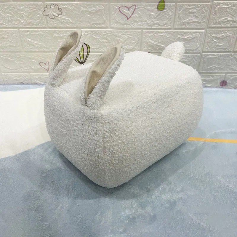 Contemporary Creative Rabbit-Shaped Teddy Fleece Pine Wood Plywood Sponge Kids Low Stool Backless Armless For Living Room