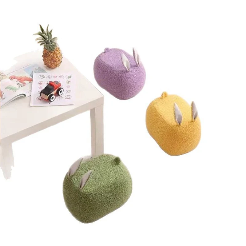 Contemporary Creative Rabbit-Shaped Teddy Fleece Pine Wood Plywood Sponge Kids Low Stool Backless Armless For Living Room