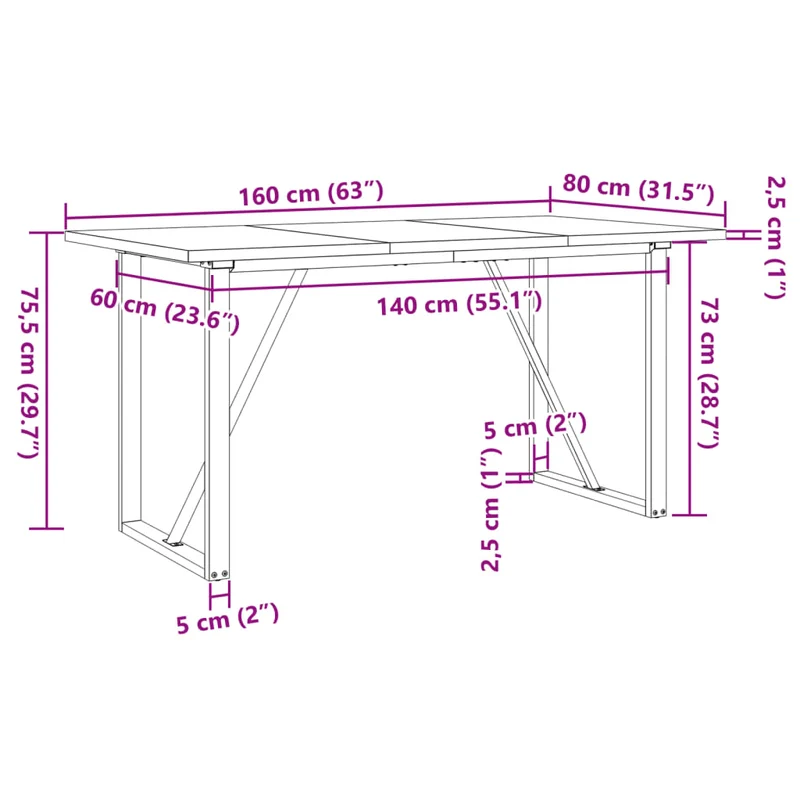 Table de salle à manger design industriel 160 x 80 x 75,5 cm bois pin massif et acier DEC036785