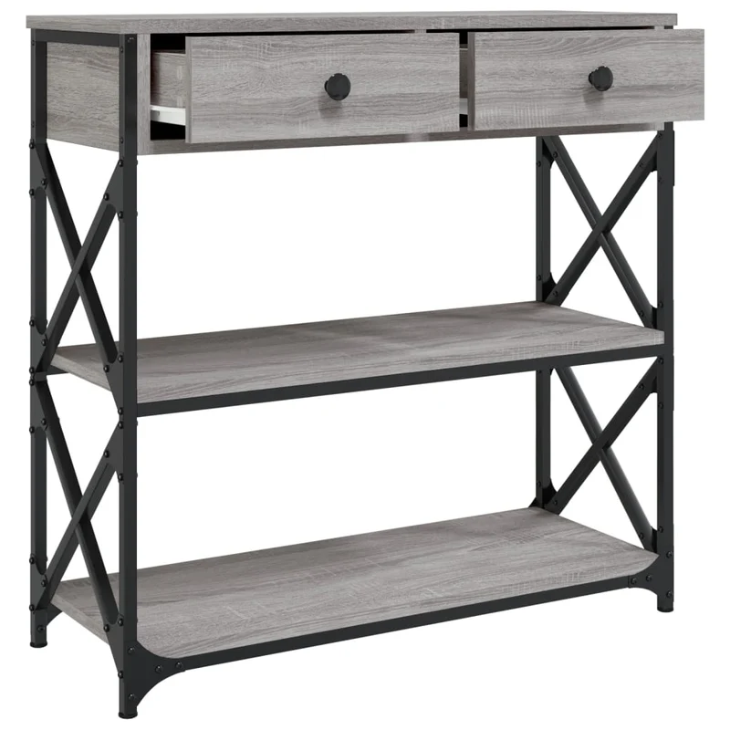 Meuble console d'entrée moderne table d'appoint avec tiroirs et étagères 75 x 28 x 75 cm bois d'ingénierie gris et métal DEC032237
