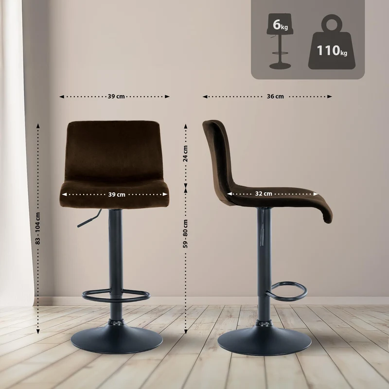 Tabouret de bar x1 repose-pieds hauteur réglable dossier bas en velours marron cadre métal noir 10_0006253