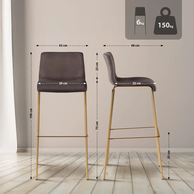 Tabouret de bar x1 en velours marron cadre métallique doré à quatre pieds style chic et moderne 10_0006255