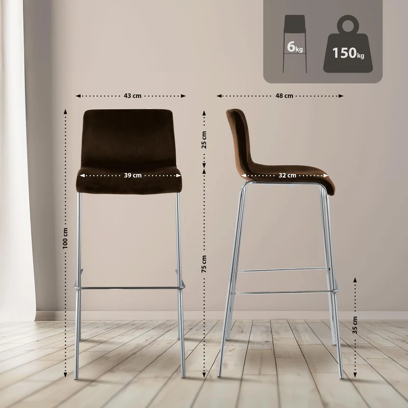 Tabouret de bar x1 dossier bas 4 pieds en métal chromé assise en velours marron 10_0006251