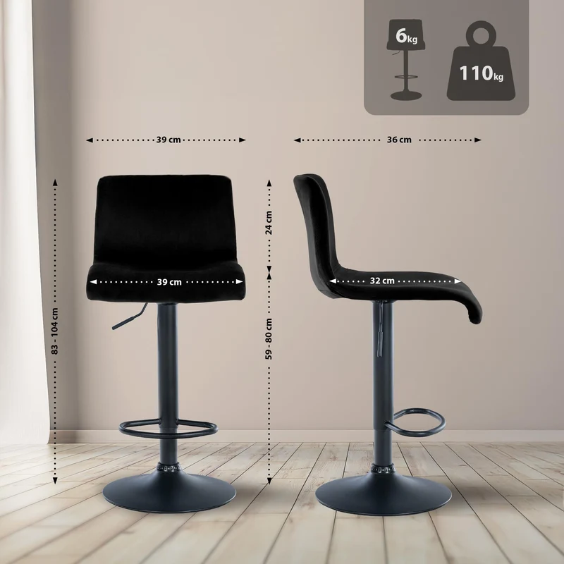 Tabouret de bar x1 repose-pieds hauteur réglable dossier bas en velours noir cadre métal noir 10_0005849