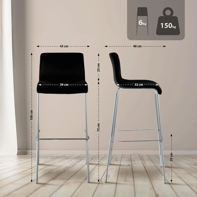 Tabouret de bar x1 dossier bas 4 pieds en métal chromé assise en velours noir 10_0005847