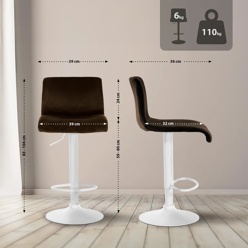 Tabouret de bar x1 repose-pieds hauteur réglable dossier bas en velours marron cadre métal blanc 10_0006258