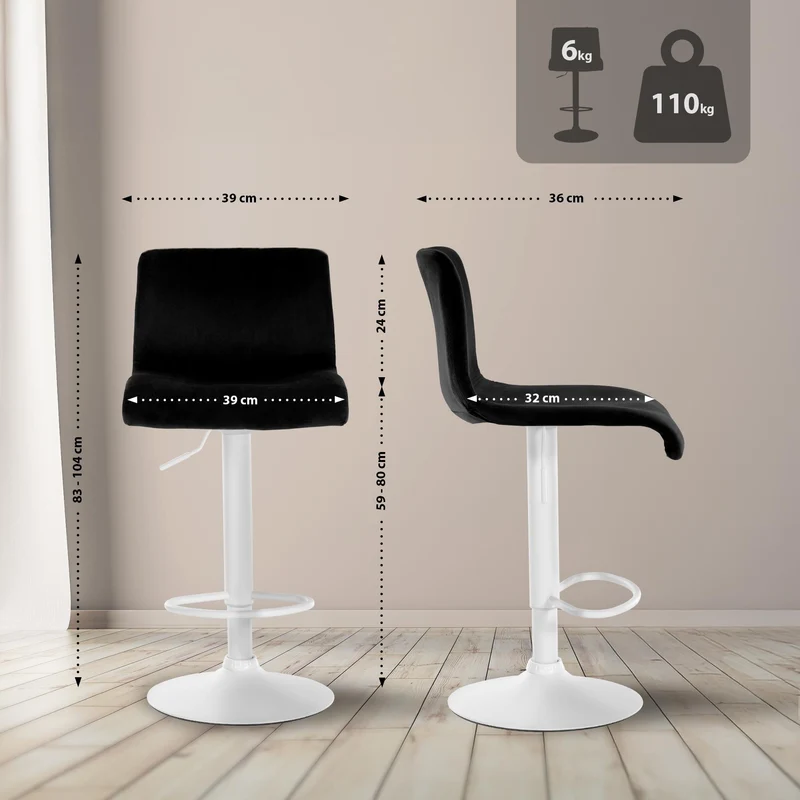 Tabouret de bar x1 repose-pieds hauteur réglable dossier bas en velours noir cadre métal blanc 10_0005853
