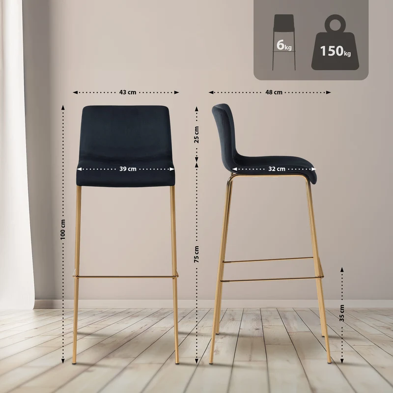 Tabouret de bar x1 en velours noir cadre métallique doré à quatre pieds style chic et moderne 10_0005850