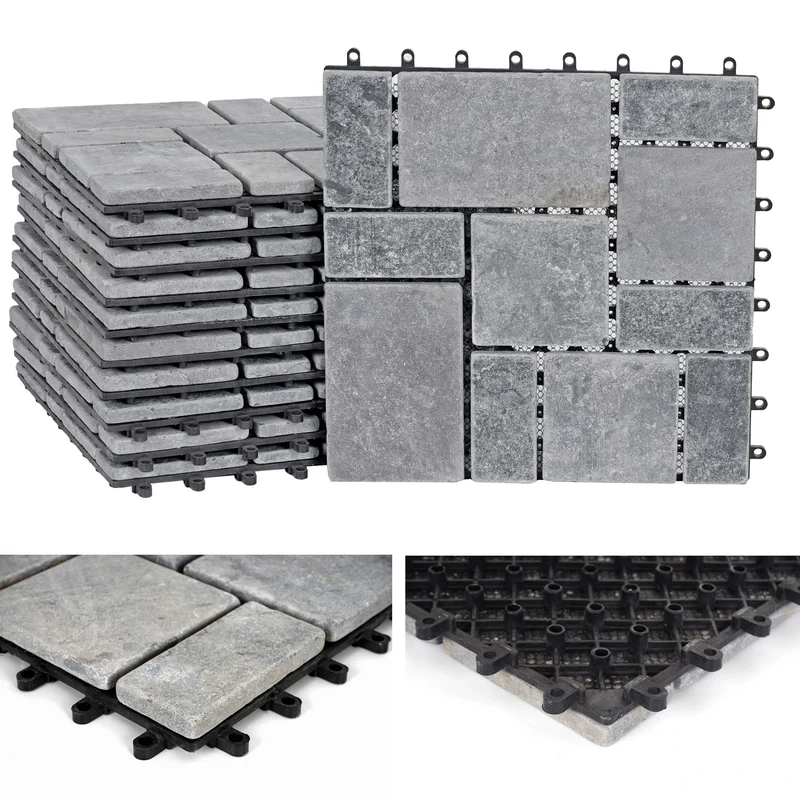 Dalles de terrasse clipsables dalles de sol balcon terrasse en pierre naturelle avec base plastique 11 dalles 30x30 cm 1 m² gris foncé 04_0010300