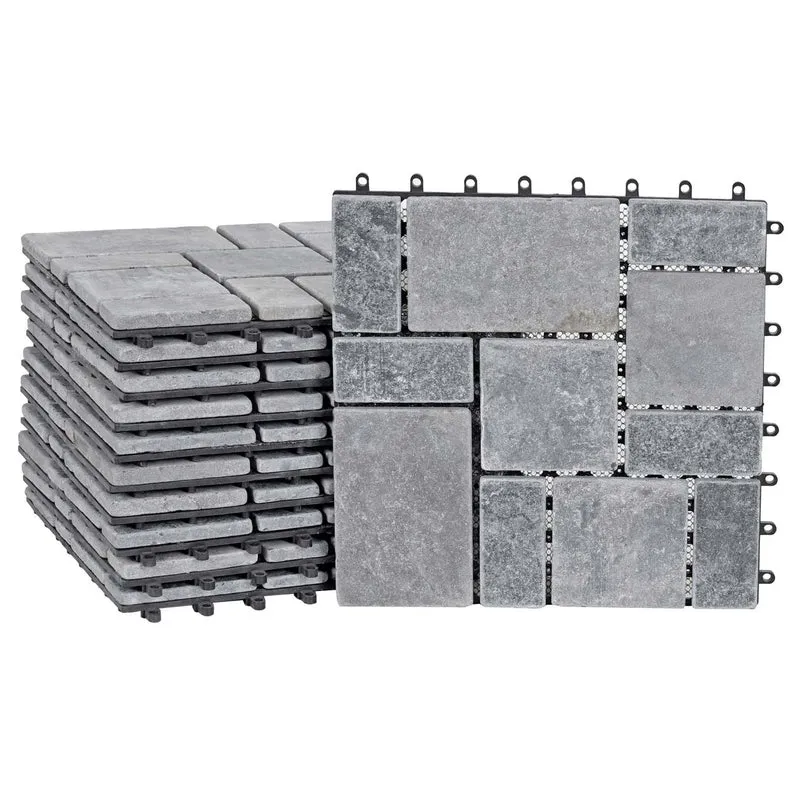Dalles de terrasse clipsables dalles de sol balcon terrasse en pierre naturelle avec base plastique 11 dalles 30x30 cm 1 m² gris foncé 04_0010300