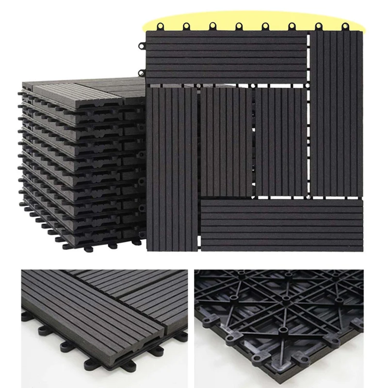 Carrelage de sol WPC balcon terrasse aspect bois 11 pièces 30x30cm 1m² décalage en teck anthracite 04_0005441