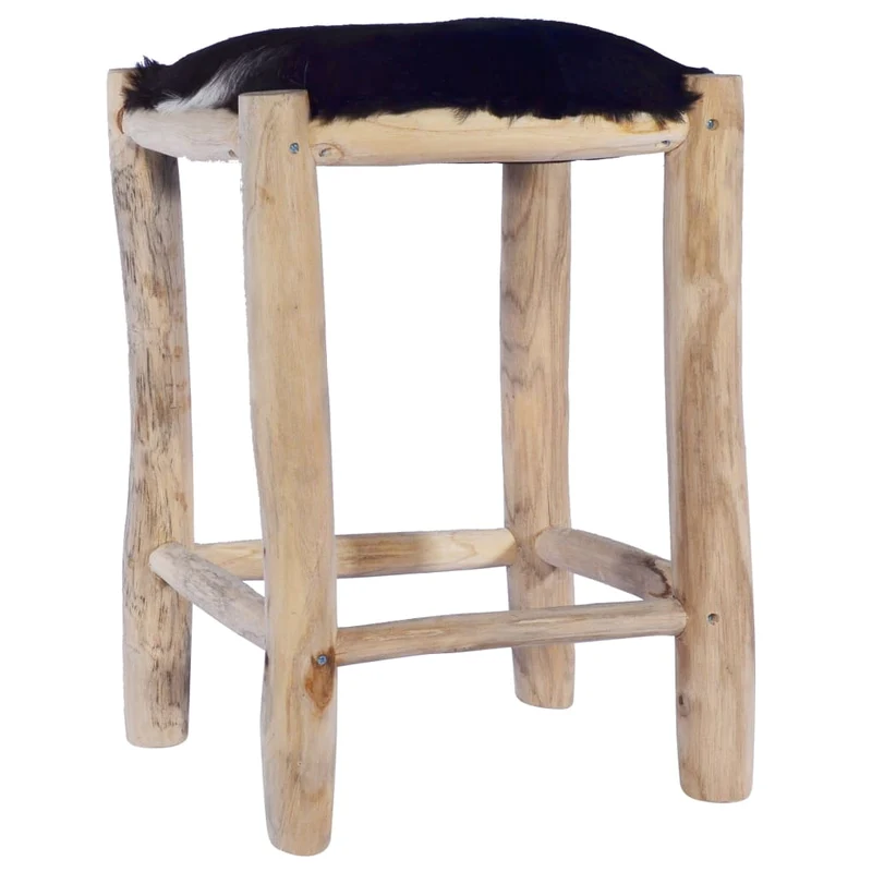 Tabouret hauteur 55 cm en cuir de chèvre véritable et bois de teck DEC029470
