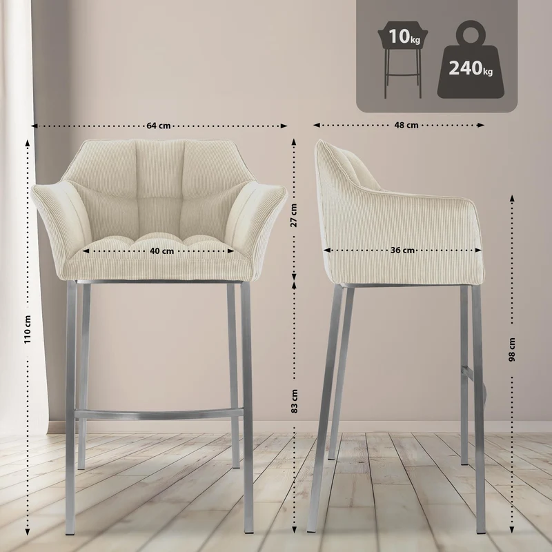 Tabouret de bar x1 assise enveloppante capitonnée en velours côtelé crème avec structure à 4 pieds en acier inoxydable 10_0006220