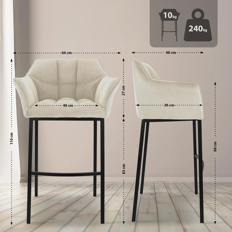 Tabouret de bar x1 assise enveloppante capitonnée en velours côtelé crème avec structure à 4 pieds en métal noir 10_0005893