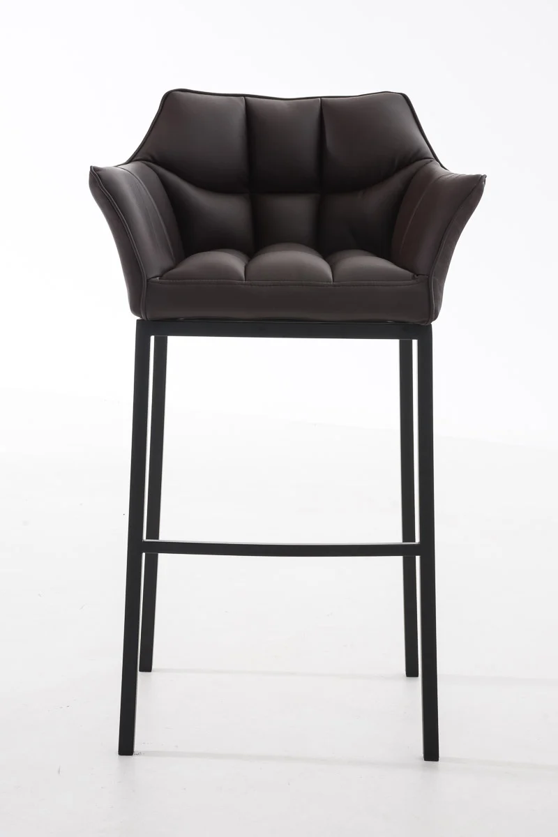 Tabouret de bar chaise haute de comptoir couture carrées assise en PVC marron 4 pieds stables en métal noir 10_0004686