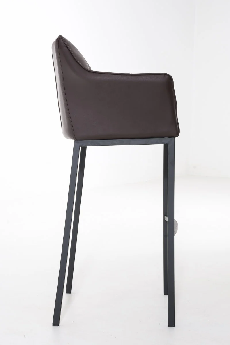 Tabouret de bar chaise haute de comptoir couture carrées assise en PVC marron 4 pieds stables en métal noir 10_0004686
