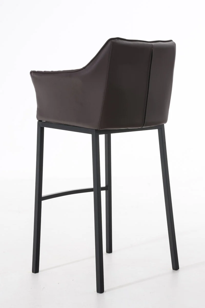 Tabouret de bar chaise haute de comptoir couture carrées assise en PVC marron 4 pieds stables en métal noir 10_0004686