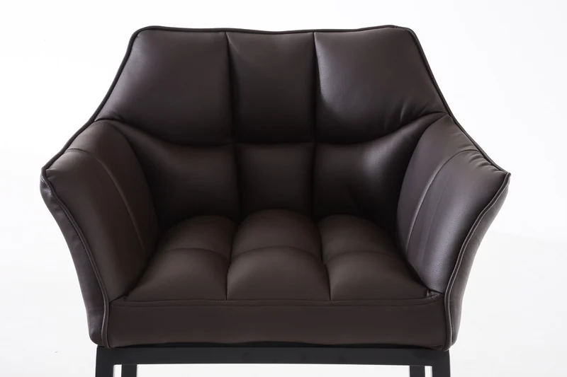 Tabouret de bar chaise haute de comptoir couture carrées assise en PVC marron 4 pieds stables en métal noir 10_0004686