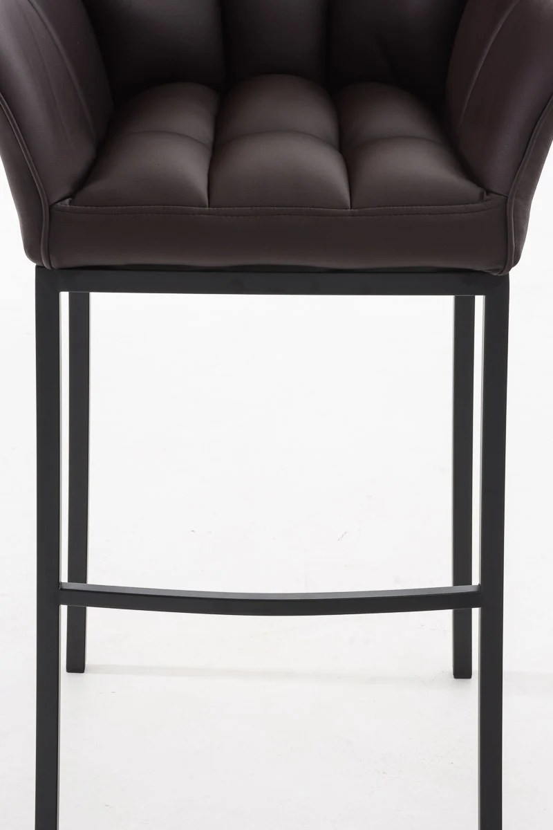 Tabouret de bar chaise haute de comptoir couture carrées assise en PVC marron 4 pieds stables en métal noir 10_0004686