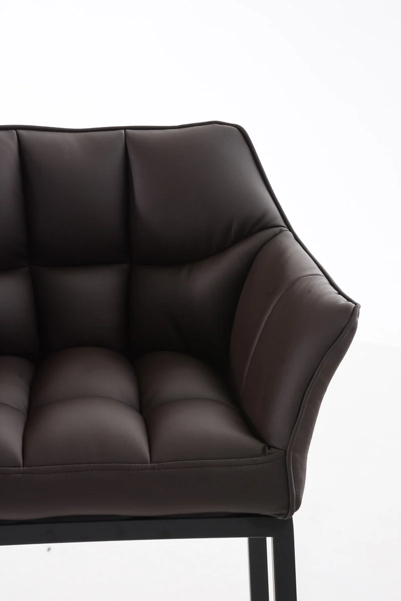 Tabouret de bar chaise haute de comptoir couture carrées assise en PVC marron 4 pieds stables en métal noir 10_0004686