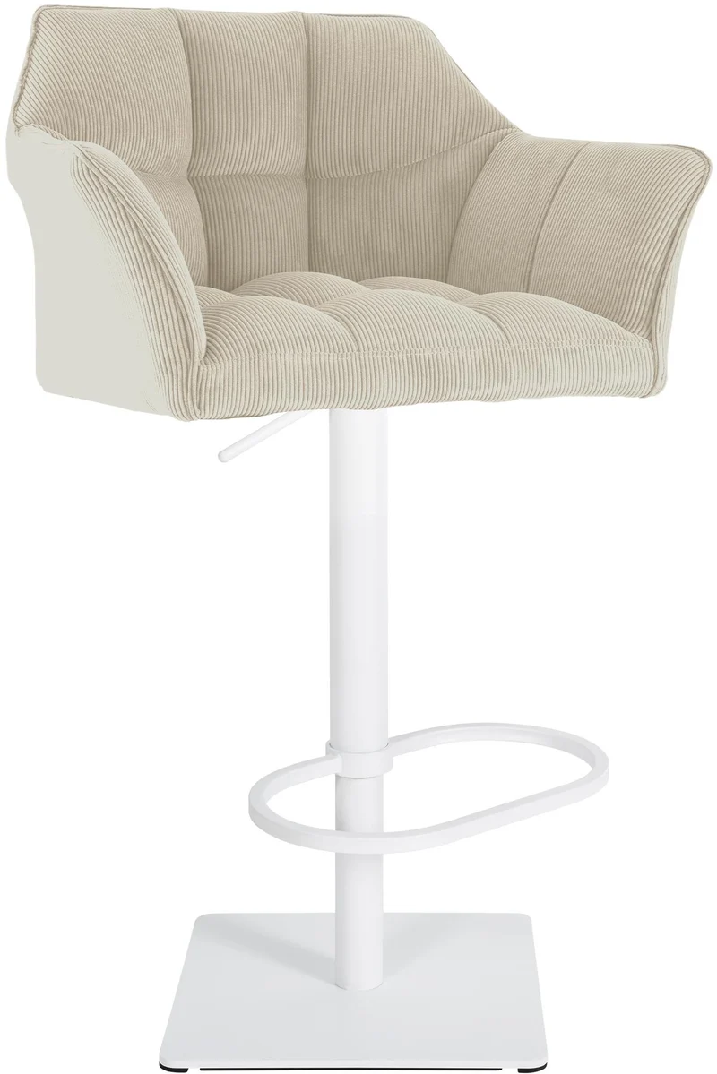 Tabouret de bar x1 réglable en velours côtelé crème assise enveloppante capitonnée avec base carrée en métal blanc 10_0006303