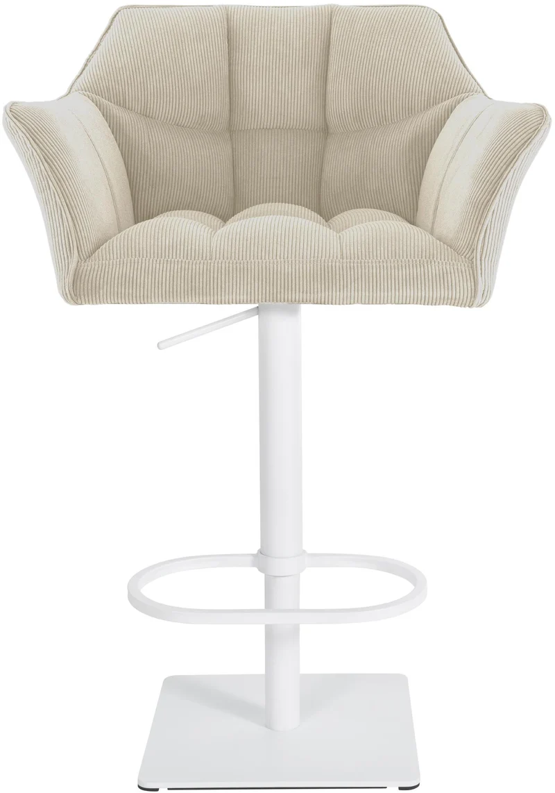 Tabouret de bar x1 réglable en velours côtelé crème assise enveloppante capitonnée avec base carrée en métal blanc 10_0006303