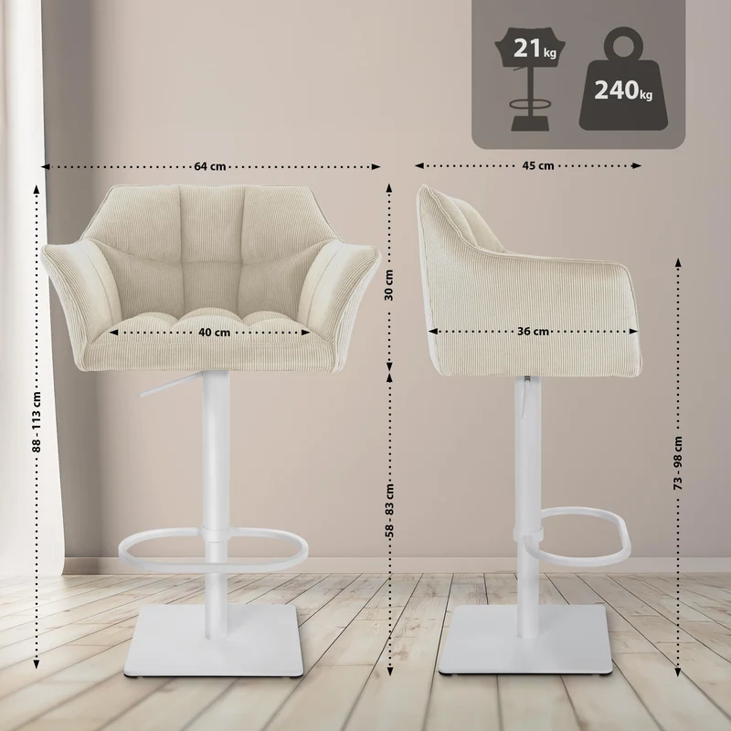 Tabouret de bar x1 réglable en velours côtelé crème assise enveloppante capitonnée avec base carrée en métal blanc 10_0006303